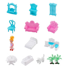 Assorted dollhouse furniture and accessories set in pink, blue, and white