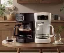 Black and white programmable drip coffee makers with glass carafes