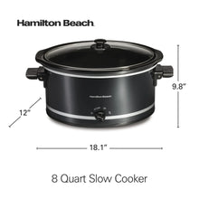 Black 8 qt slow cooker with glass lid, side handles, and front temperature knob