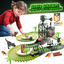 Dinosaur track set with green crane tower, curved track rails, and dinosaur figures