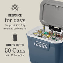Lakeside blue hard cooler with open lid and bottled drinks inside