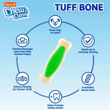 Tuff Bone dog chew toy with textured green center and curved bone shape.
