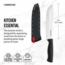 Butcher knife with black handle, stainless blade, and matching blade cover