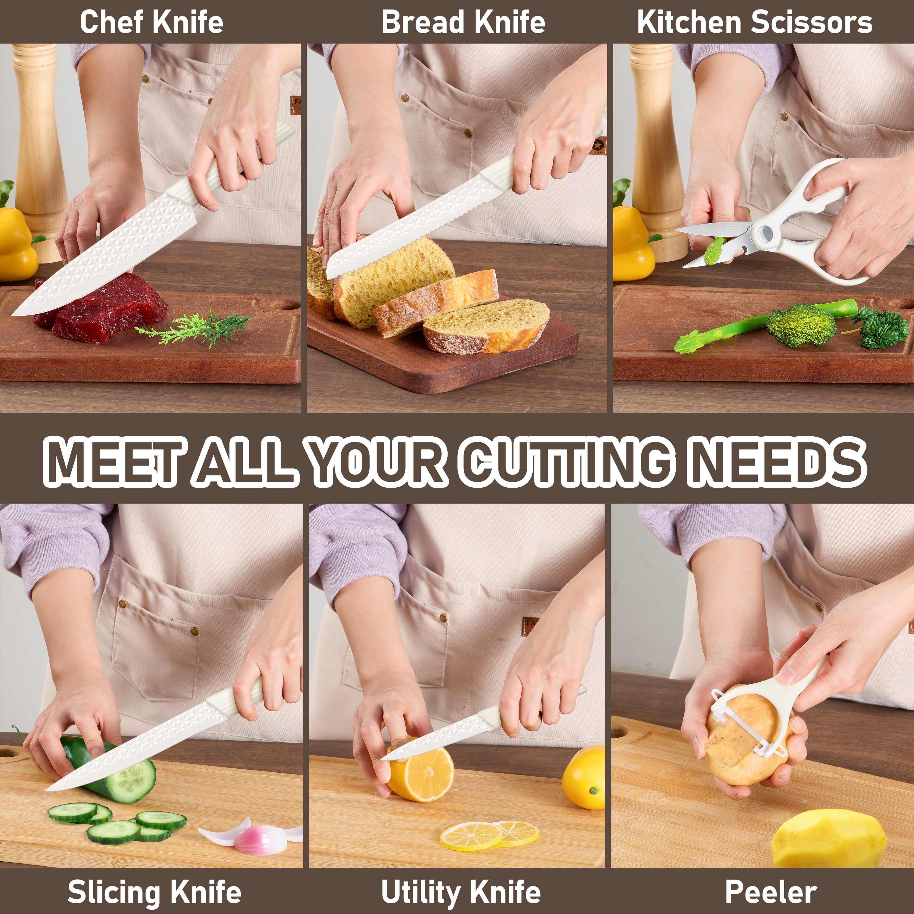 Vesteel Kitchen Knife Set of 7, Professional Stainless Steel Knives Set for Kitchen with Universal Knife Block - Khaki - USA MEGA SHOP