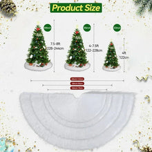 White faux fur Christmas tree skirt, semicircle fabric shown with size measurement markings