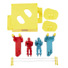 Fighting robot game components: yellow base pieces, red and blue robots, pegs