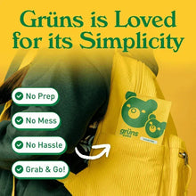 Kids gummy pouch held with checkmarks for no prep, no mess, no hassle, grab and go