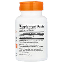 B12 supplement bottle back label showing “Supplement Facts” and 1 veggie capsule serving size