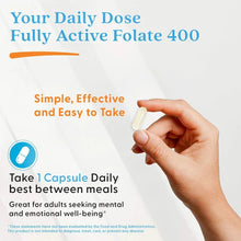 Folate supplement marketing card showing capsule and instructions to take 1 capsule daily.