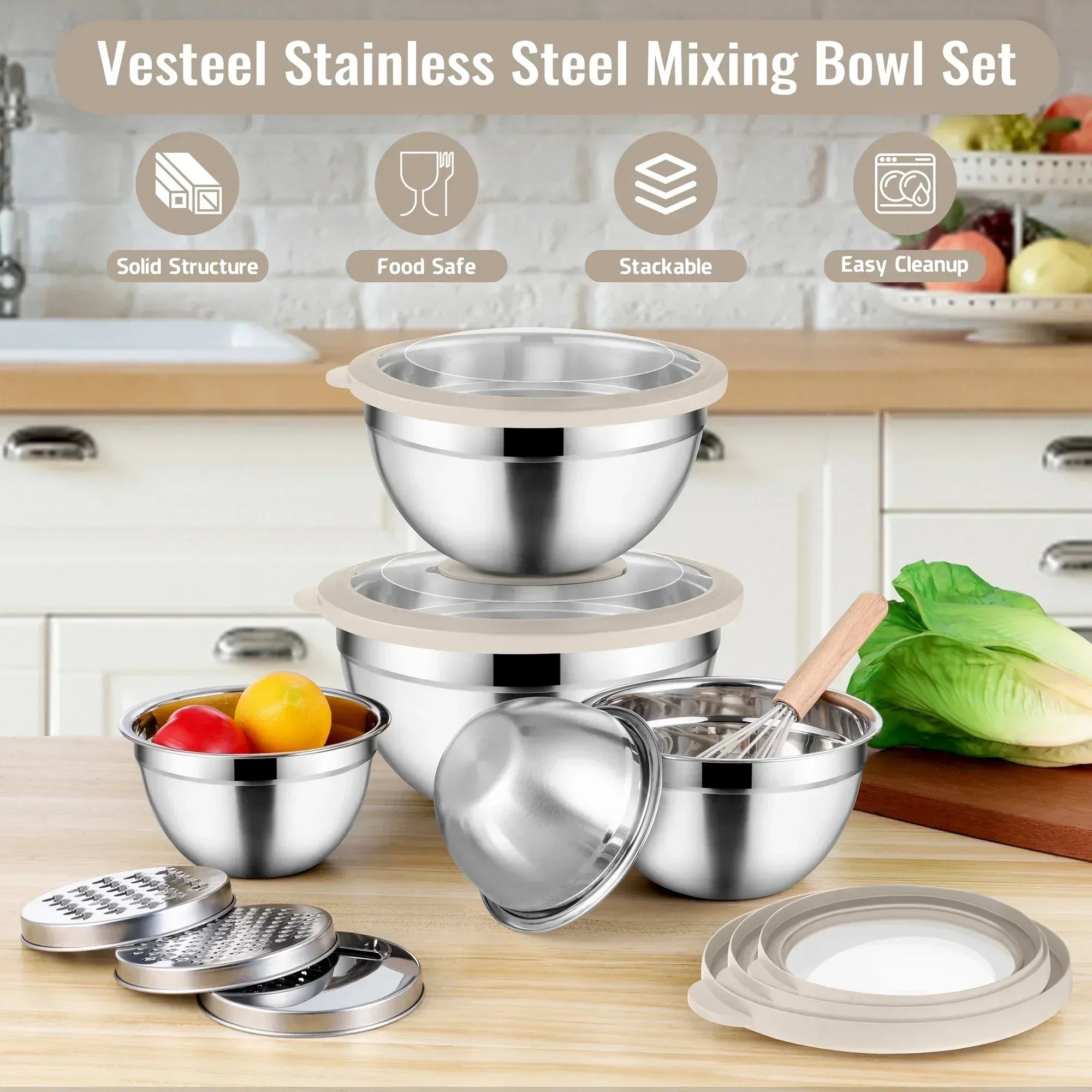 Vesteel Mixing Bowls with Lids Set of 8, Stainless Steel Prep Bowls with Upgraded Airtight Visible Lid, Metal Nesting Bowl Attach with 3 Graters for Kitchen Grating/ Shredding / Mixing - USA MEGA SHOP