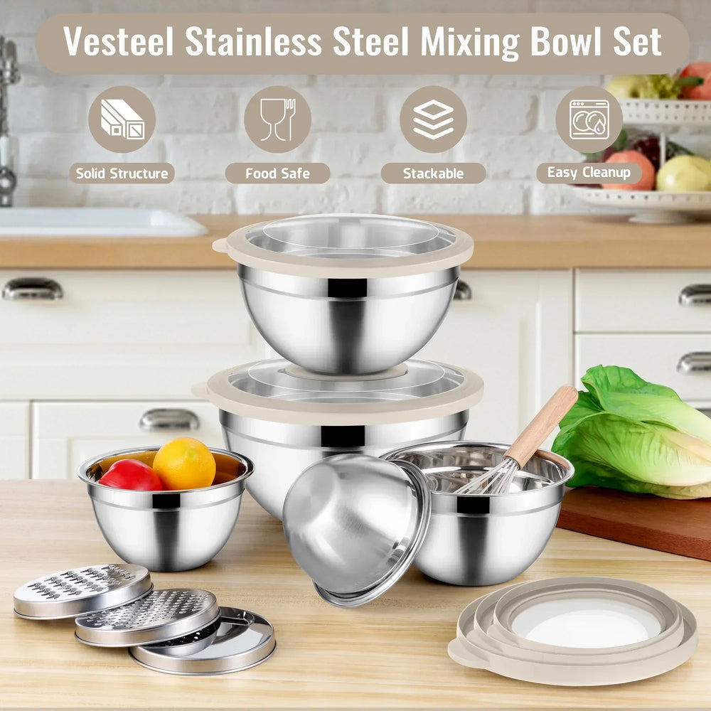 Vesteel Mixing Bowls with Lids Set of 8, Stainless Steel Prep Bowls with Upgraded Airtight Visible Lid, Metal Nesting Bowl Attach with 3 Graters for Kitchen Grating/ Shredding / Mixing - USA MEGA SHOP