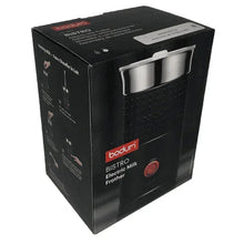 Bodum Biestro electric milk frother retail box, black with product photo