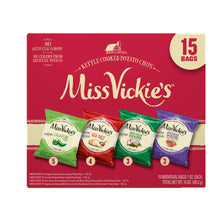 Miss Vickie's potato chip variety box with four flavor bags and 15-count label