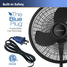 Black oscillating fan grille with power plug and cord