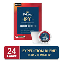 Folgers 1850 Expedition Blend K-Cup box with single pod and lid, 24 count