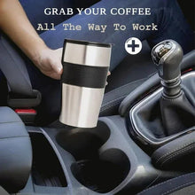 1-cup drip coffee maker with stainless travel mug on car console