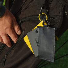 Chipolo CARD in a gray leather wallet holder with yellow interior and key ring loop