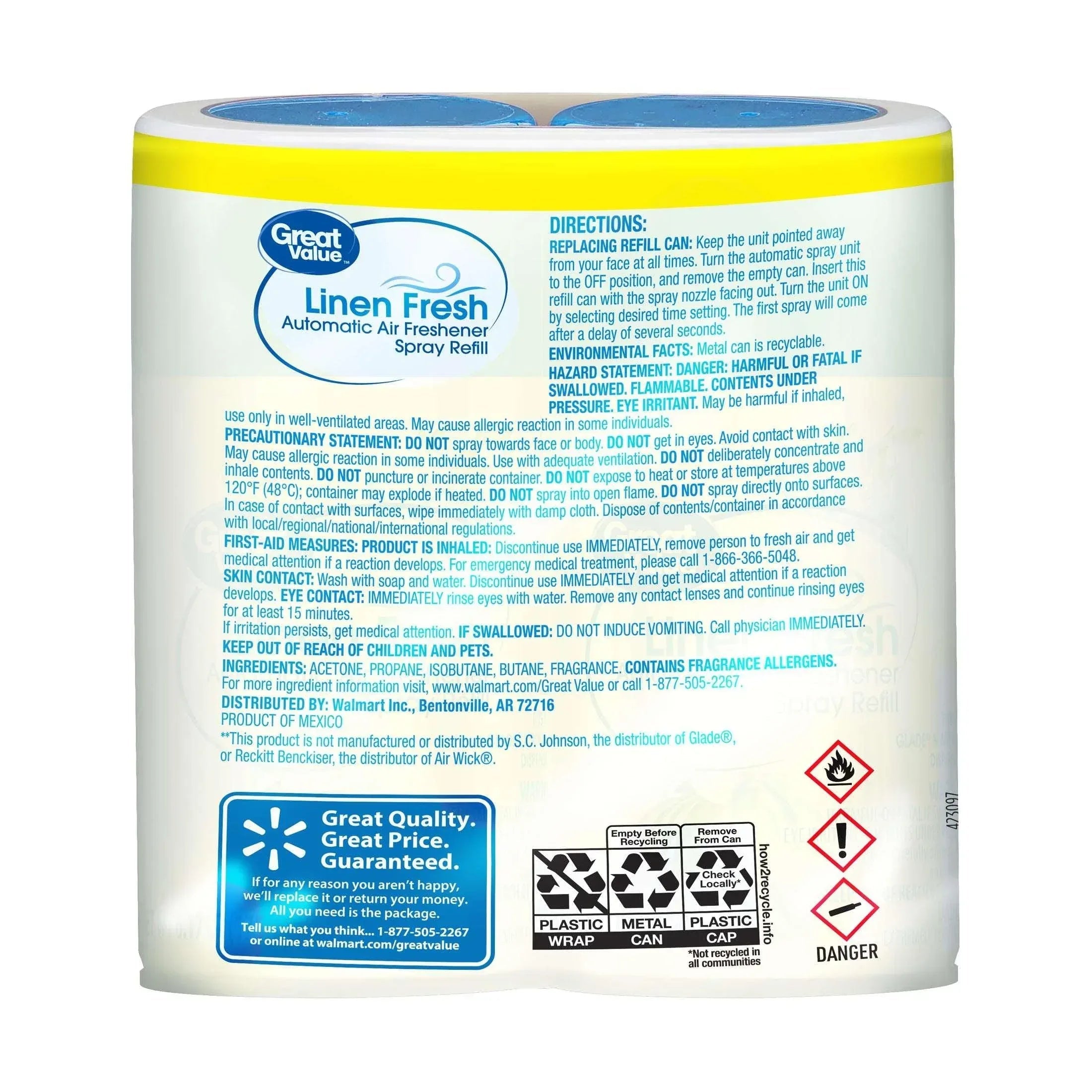 Great Value Automatic Air Freshener Spray Refill, Linen Fresh, 2 pieces