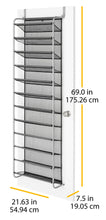 Over-the-door shoe rack shown with size measurement markings and gray mesh shelves.