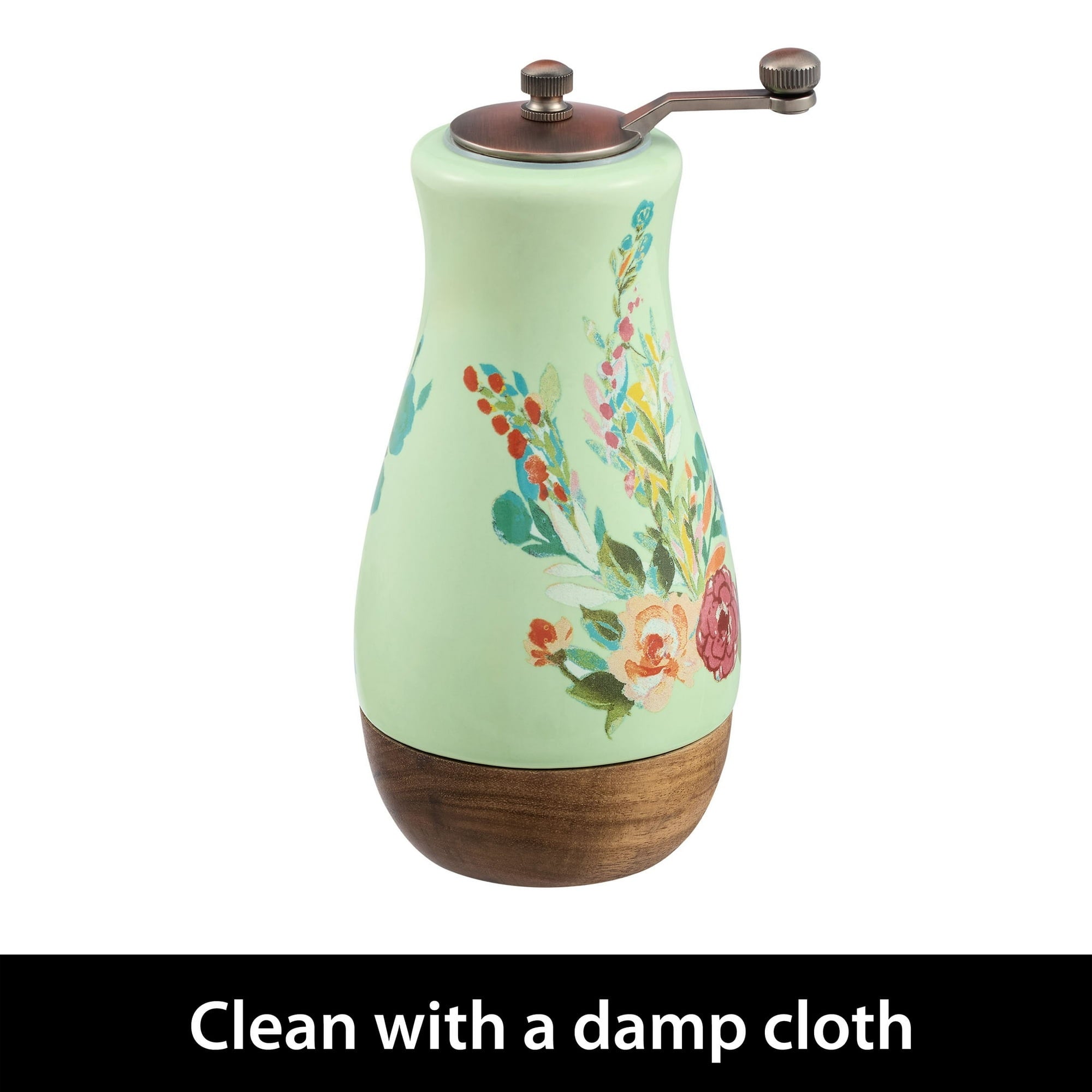The Pioneer Woman Ceramic Painted Meadow Pepper Mill with Metal Grinder and Acacia Wood Base, A Practical Choice for Seasoning Storage and Serving
