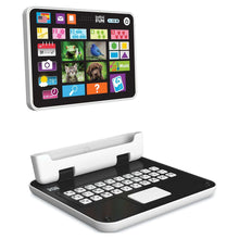 Infinifun 2-in-1 toy tablet open, showing keyboard and colorful icon screen