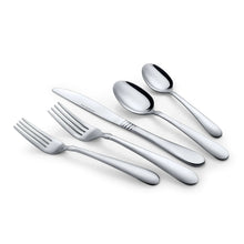 Stainless steel flatware set with forks, knives, and spoons in a spread view.