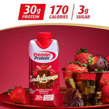 Premier Protein Indulgence protein shake bottle, chocolate-covered strawberry with chocolate