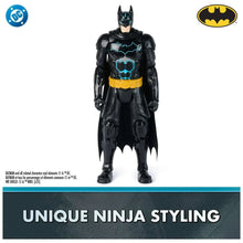 Batman action figure from back, black armored suit with blue chest panel, yellow belt