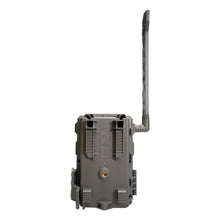 Cellular trail camera back view with ports and mounting hardware, gray rugged case