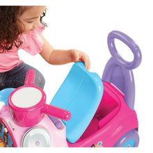 Pink push ride-on car with blue steering wheel, purple handle, and toddler seat