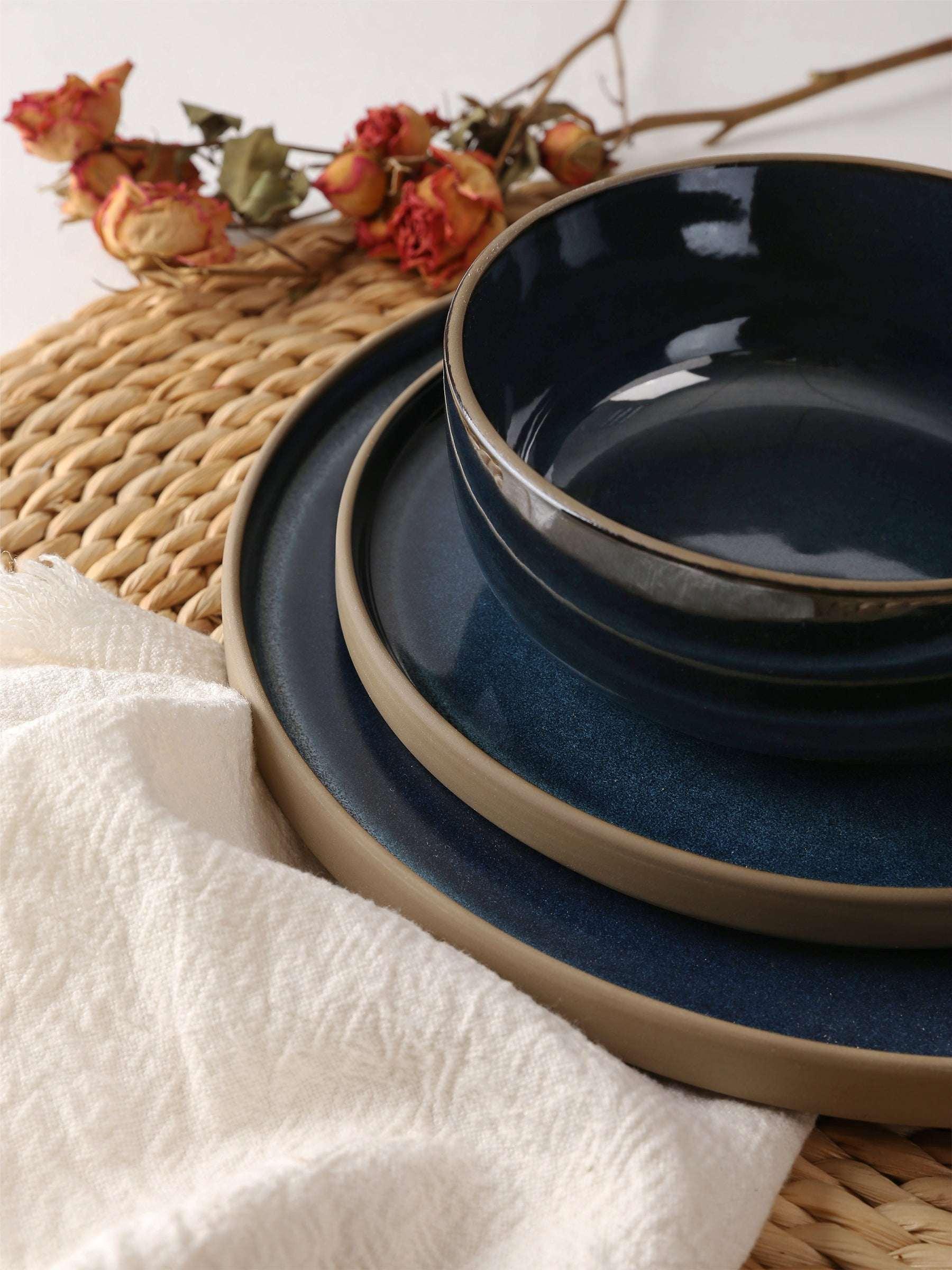 Famiware Nature 12-Piece Dinnerware Sets, Stoneware Dish Set, Midnight Blue