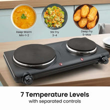Black electric double burner hot plate with two round cast plates and side knobs