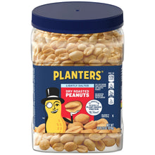 Lightly salted dry roasted peanut canister with PLANTERS label and cartoon character graphic.