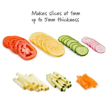 Multi slicer showing thin vegetable slices: tomato, lemon, cucumber, and zucchini