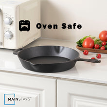 Black 12-inch cast iron skillet with angled pouring lip and side loop handle