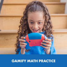 Child holding Math Whiz electronic math game, blue and orange handheld with buttons