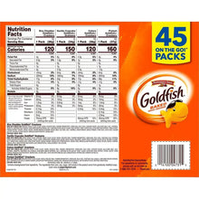 Goldfish 45-count variety pack box back with nutrition facts and ingredient details