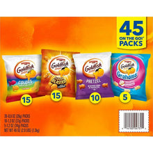 Goldfish snack variety pack box front showing Colors, Flavor Blasted, Pretzel, and Grahams