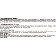 Goldfish cracker variety pack box back with ingredients and allergen information