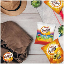 Goldfish cracker snack packs on a tabletop, including Colors and Flavor Blasted bags
