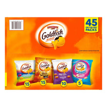 Goldfish 45-on-the-go variety pack box front with four mini snack bags