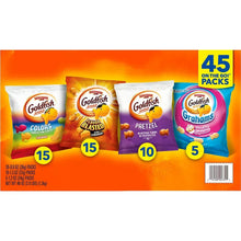 Goldfish snack variety pack box front with Colors, Flavor Blasted, Pretzel, and Grahams packs
