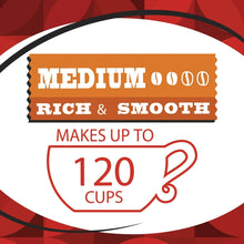 Instant coffee label: medium; rich & smooth; makes up to 120 cups.