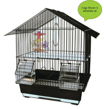 Black wire bird cage with a hanging colorful crinkle ribbon bird toy inside