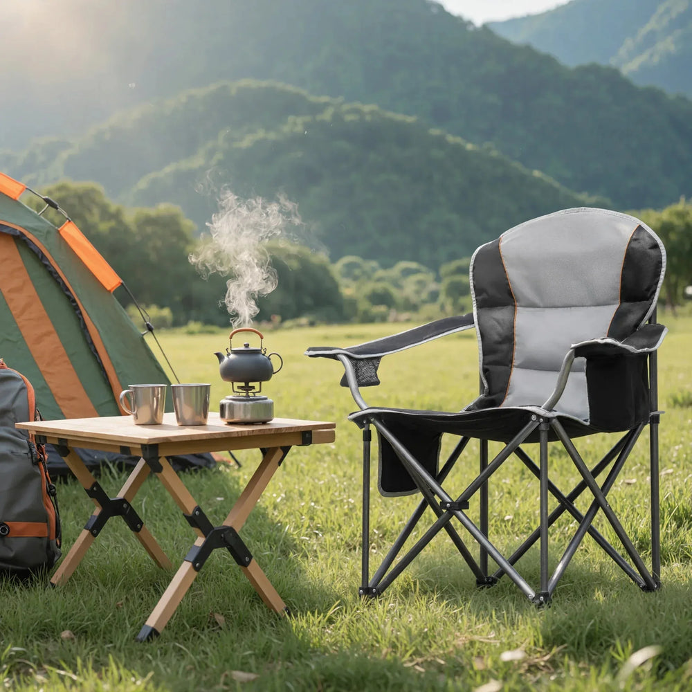 EDX Oversized Camping Folding Chair, Heavy Duty Padded Chair with Cup Holder Storage and Cooler Bag, 5000 LBS Steel Frame, Portable for Outdoor,Black Gray - USA MEGA SHOP