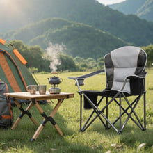 Outdoor camping folding chair with padded backrest and seat in gray and black