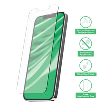 Tempered glass screen protector showing shatter-resistant, bubble-free, and ultra-clear features