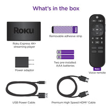 Roku Express 4K+ box contents: streaming player, voice remote, HDMI and power cables