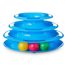 Triple-tier blue ball tower toy with three levels and colorful balls at the bottom