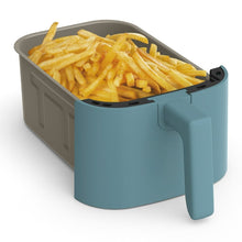 Surf blue air fryer basket with golden French fries, lid open